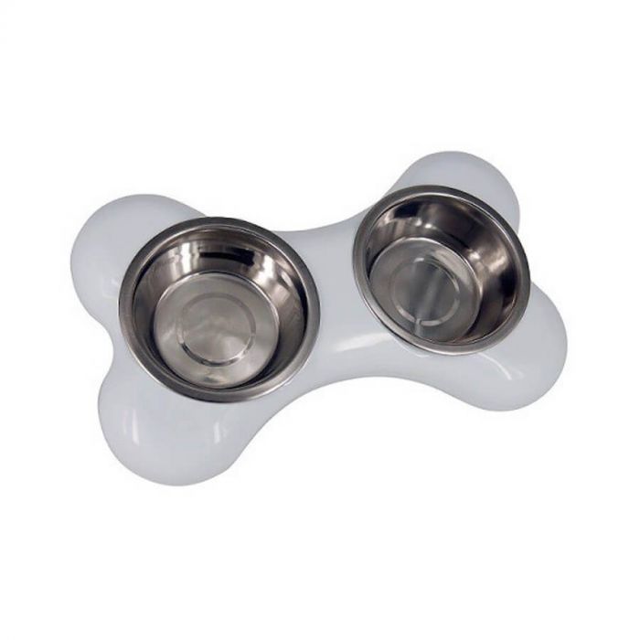 Двойной чаша для собаки в форме КОСТИ белый