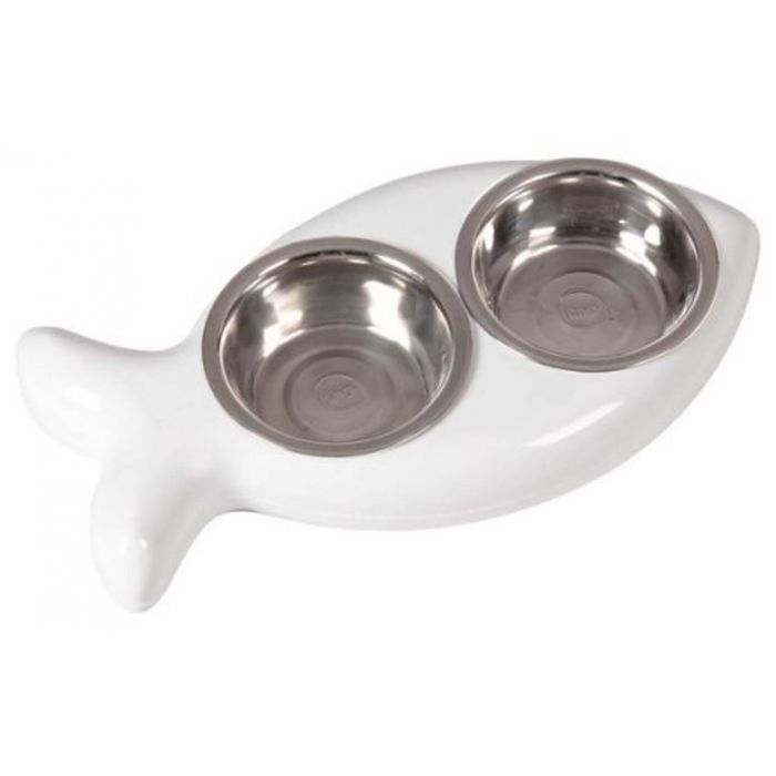 Двойной чаша для кошки в форме РЫБЫ белого