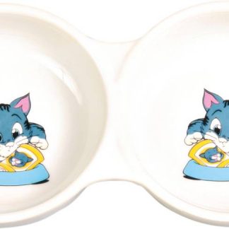 Double bowl, comic cat with bowl, ceramic, 2 × 0.15 l/ø 11 cm, white