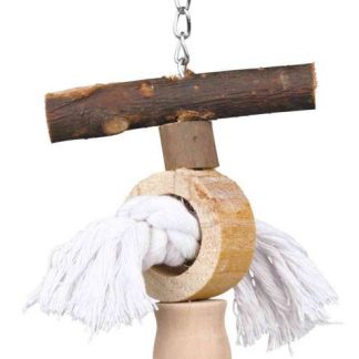 Toy with chain, rope and bell, bark wood, 20 cm