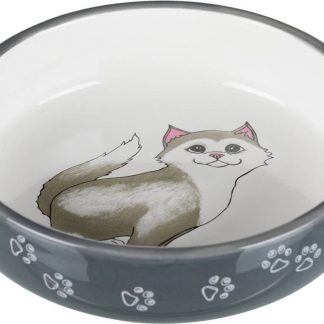 Bowl, flat, cat/paws, ceramic, 0.3 l/ø 15 cm, grey/white