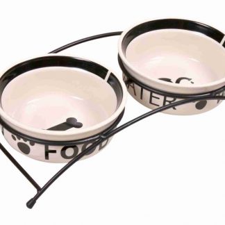 Food/Water bowl set, ceramic/metal, 2 × 0.6 l/ø 15 cm, white/black