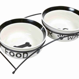 Food/Water bowl set, ceramic/metal, 2 × 1.6 l/ø 20 cm, white/black