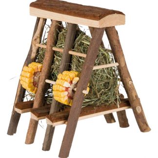 Hay manger, bark wood, with hay, 17 × 20 × 17 cm