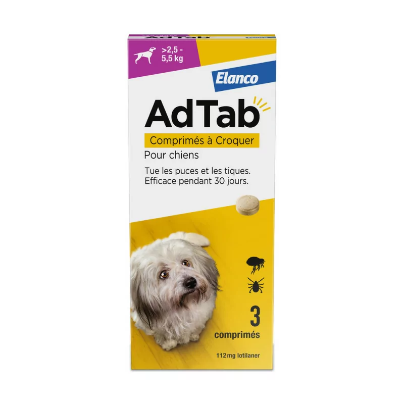 Elanco AdTab 112mg Chien 2,5-5,5kg 3 comprimés