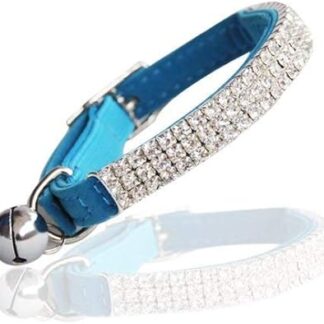 DAIXI Adjustable Soft Velvet Collar with Safe Cat Bling Diamante with Bells, 11 Inches for Small Dogs and Cats (Blue)