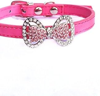 PetFavorites(TM) Couture Designer Fancy Cute Feather Bling Rhinestone Bow Tie Pet Cat Dog Collar Necklace Jewelry For Small or Medium Dogs Cats Pets Female Puppies Chihuahua Yorkie Girl Costume Outfits, Light and Adjustble Buckle. (Neck Size: 8" - 10", Hot Pink)