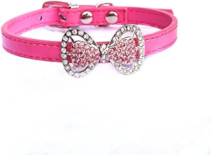 PetFavorites(TM) Couture Designer Fancy Cute Feather Bling Rhinestone Bow Tie Pet Cat Dog Collar Necklace Jewelry For Small or Medium Dogs Cats Pets Female Puppies Chihuahua Yorkie Girl Costume Outfits, Light and Adjustble Buckle. (Neck Size: 8" - 10", Hot Pink)