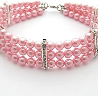 PetFavorites(TM) Couture Designer Fancy 3 Row Pearls Diamond Pet Cat Dog Necklace Collar Jewelry with Bling Rhinestones for Pets Cats Small Dogs Female Puppy Chihuahua Yorkies Girl Costume Outfits, Adjustable and Handmade (Pink, Neck Size: 12"-14")