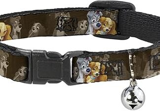Buckle-Down Cat Collar Breakaway Lady and Tramp 2 Poses Spaghetti Kiss Scene Browns 8 to 12 Inches 0.5 Inch Wide