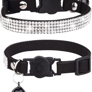 FUNAT Cat Collar with Rhinestones with Bell, Microfibre, Soft and Comfortable Cat Collar, Cat Collar with Cat Head Safety Buckle