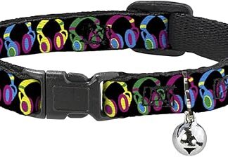 Cat Collar Breakaway Headphones Black Neon 8 to 12 Inch 0.5 Inch Wide