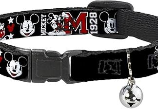 Buckle-Down Breakaway Cat Collar - Classic Mickey Mouse 1928 Collage Black/White/Red - 1/2 Inch Wide - Fits 8-12 Inch Neck - Medium