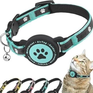 Airtag Breakaway Cat Collar, Reflective Kitten Collar with Airtag Holder and Bell, Comfortable Padding, Adjustable, Durable, Suitable for Cats (Green)