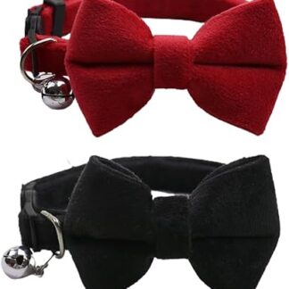 LEEQ Velvet Cat Collar with Bell and Bow Tie, with Safety Clasp, Adjustable, for Small Puppies, Safety Bow Tie, Plain for Weddings, Basic Colour, Cat Bow Tie