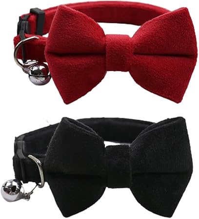 LEEQ Velvet Cat Collar with Bell and Bow Tie, with Safety Clasp, Adjustable, for Small Puppies, Safety Bow Tie, Plain for Weddings, Basic Colour, Cat Bow Tie