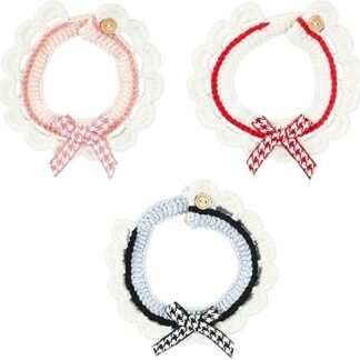 FINGERINSPIRE 3 Pieces Knitted Cat Collars Handmade Pet Collar with Buckles Adjustable Bow Tie Pet Collar Rose Brown Blue Handmade Collars Wool Handwoven Scarf Cat Collar Puppy Collar for Pet Kitty