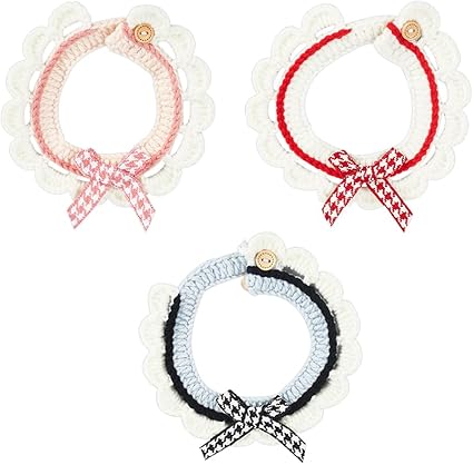 FINGERINSPIRE 3 Pieces Knitted Cat Collars Handmade Pet Collar with Buckles Adjustable Bow Tie Pet Collar Rose Brown Blue Handmade Collars Wool Handwoven Scarf Cat Collar Puppy Collar for Pet Kitty