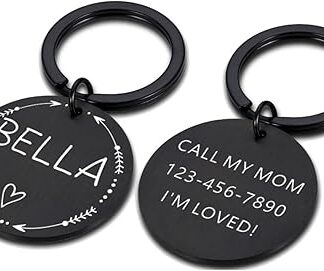 Personalised Dog ID Tag Pet Cat Collar Pets Charm Name Pendant Round Necklace Kitten Puppy Cat Collar Tags, Black Heart, L 30 x 30 mm