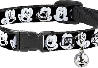 Buckle-Down Breakaway Cat Collar - Mickey Mouse Expressions Close-Up Black/White - 1/2 Inch Wide - Fits 8-12 Inch Neck - Medium