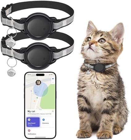 Cat Tracker (2 Pack) GPS Tracker for Cats No Monthly Fee Works with Apple Find My (iOS Only) GPS Tracker with Breakable Collar for Cats