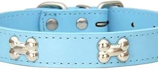 Mdurian Genuine Leather Metal Bone Studded Dog Collar Safe and Comfortable Adjustable Collar for Small Medium Dogs (XS, Light Blue)