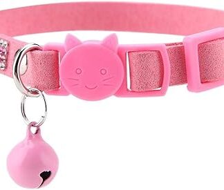 Cat Collars, Pet Colourful Leather Reflective Durable Shiny Comfortable Collar Necklace Tie Safety Buckle Quick Release with Bells [Pink S] Classic Collars