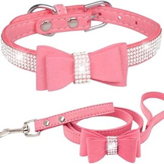 Pet Adjustable Collar Leash Chain Combination Cute Dazzling Shiny Soft Collar Suede Dog Cat Rhinestone Collar Crystal Diamond Pet Dog Puppy Collar Small Cat Dog Jkk562 (Pink, M)