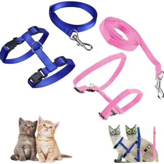 Pack of 2 Adjustable Nylon Harnesses, Cat Lead, Harness, Cat Lead, Kitten Collar, Soft Cat Harness with Lead for Kittens, Puppies, Rabbits (Blue and Pink)