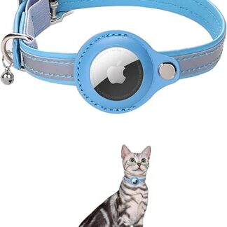 KOCNYDEY Leather Reflective AirTag Cat Collar, Anti-Lost Cat Collar with Adjustable Holder & Bell Integrated Apple Air Tag Cat Collar for Cats Small Dogs (Blue)
