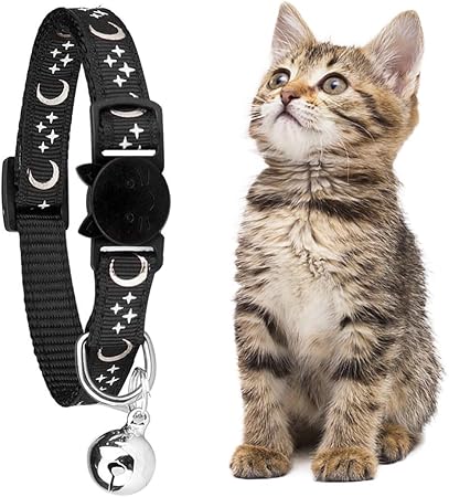 ZXUPOI Reflective Cat Collar with Safety Clasp and Bell, Pack of 2, Adjustable Collar, Cat Kitten 19-32 cm, Black