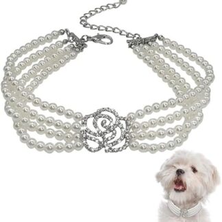 Pet Necklace Cute Pearl Collar Rhinestone Rose Flower Pendant Necklace for Small Dogs, Cats, Rabbits, White, l