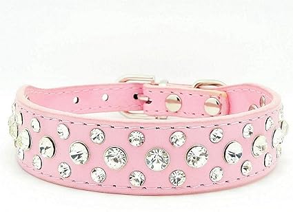 haoyueer Pink Faux Leather Rhinestone Dog Cat Collar Medium
