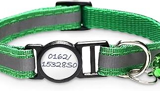 Girafus Tel.nr Cat Collar with Safety Clasp, 5 x Stickers for Names, Cat Collar with Bell, Reflective, for Girafus Tracker, Safety Collar, Cats, Green