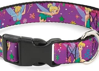 Buckle-Down Plastic Clip Collar - Tinker Bell Poses/Flowers/Stars/Skull Purple - 1 Inch Wide - Fits 9-15 Inch Neck - Small
