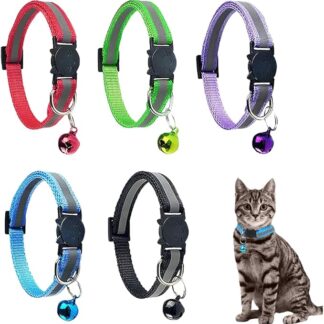 EIHI Pack of 5 Cat Collars - Cat Collar with Bell - Reflective Cat Collar with Safety Clasp - Bell Cat Collars Adjustable 23-32 cm, black