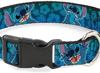 Buckle-Down Plastic Clip Collar - Stitch Expressions/Hibiscus Collage Green-Blue Fade - 1 Inch Wide - Fits 15-26 Inch Neck - Large