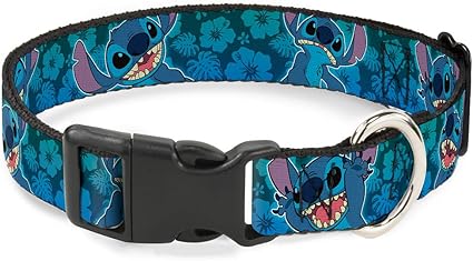 Buckle-Down Plastic Clip Collar - Stitch Expressions/Hibiscus Collage Green-Blue Fade - 1 Inch Wide - Fits 15-26 Inch Neck - Large