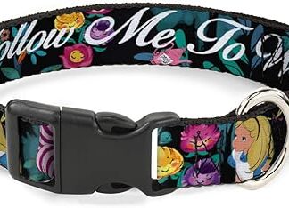 Buckle-Down Alice/Cheshire Cat/Flowers Poses2/Follow Me to Wonderland Plastic Clip Collar, Medium/11-17