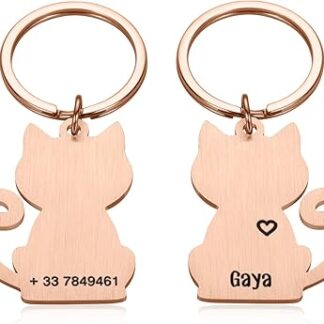 Stainless Steel Personalised Cat Tag Custom Cats Kitten ID Tag Engraved Pet Collar Cats Shape Pendant Necklace Pet Accessories, Rose Gold, 33 x 28 mm
