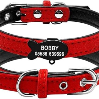 Gulunmun Engraved Personalised Cat Collar Leather Cat Collars Engraved Name Phone Number Cat Necklace Accessories with Bell-Red S