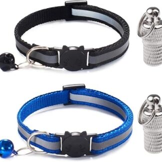 LATRAT 2 Pack Anti-strangulation Adjustable Cat Collar with 2 Address Tags for Kitten or Puppy Cat Collar, Blue Black