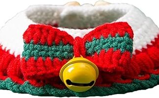 Vriusi Christmas Cat Bow Collar, Pet New Year Festive Collar, Cat Christmas Bowtie Collar with Bell, Christmas Cat Hand-Knitted Necklace, Handmade Knitting Collar for Cats, Kittens and Puppies