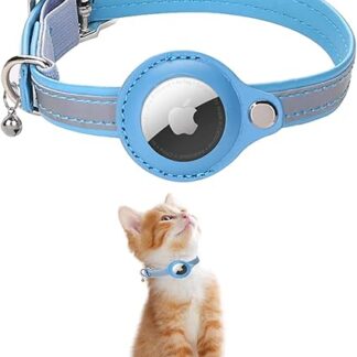 KOLACEN Reflective Leather AirTag Cat Collar, GPS Cat Collar with AirTag Adjustable Holder and Bell Compatible with Apple AirTag, Anti-Lost Cat Tracker Collar for Cats Kittens and Small Dogs (Blue)