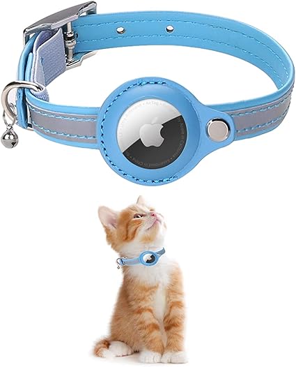 KOLACEN Reflective Leather AirTag Cat Collar, GPS Cat Collar with AirTag Adjustable Holder and Bell Compatible with Apple AirTag, Anti-Lost Cat Tracker Collar for Cats Kittens and Small Dogs (Blue)