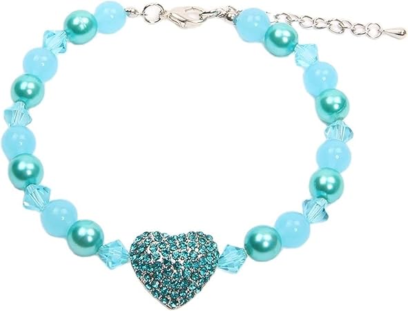 HCHGJKN Basic Dog Collars Pearls Pet Dog Necklace Cat Collar Rhinestones Heart Charm Pet Puppy Jewellery for Female Dogs Cats Small Medium (Blue, L)