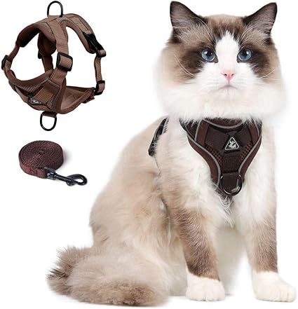 Cat Harness and Leash Set for Kittens, Upgraded Escape Proof Adjustable Vest with Lead for Small Cat Outdoor Walking, Soft Breathable Mesh Jacket with Reflective Stripes for Night (L, Coffee Brown)