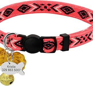 SARUEL Personalised Cat Collar Custom Safety Kitten Puppy Collars with Bell Cute Pet Cats Necklace Accessories Collares para Gatos, Pink Blue, 21 to 34 cm