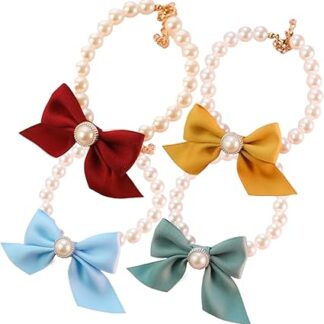 Pearl Cat Collar, 4 Pieces Pet Collar PT-PETROR 5.9-8.3 Inch Neck Circ..Resin Pearl Dog Collar with Ribbon Bow Glamorous Pearl Cat with Adjustable Closure for Birthday, Weddings, Pearl Dog Collar