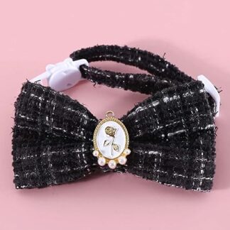 Pet Braided Plaid Vintage Pearl Bow Tie Collar Cat Dog Adjustable Anti-Choking Breakaway Cats Collars Black